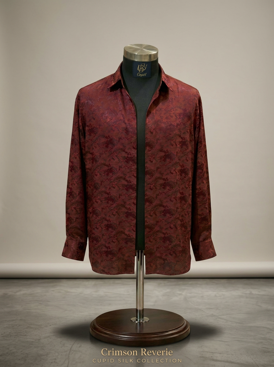 Crimson Reverie — Cupid silk shirt on mannequin