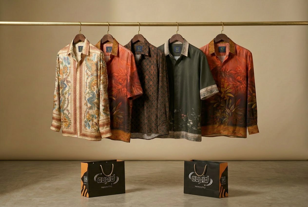 The Cupid silk shirt collection hung on a brass rail with house-branded shopping bags