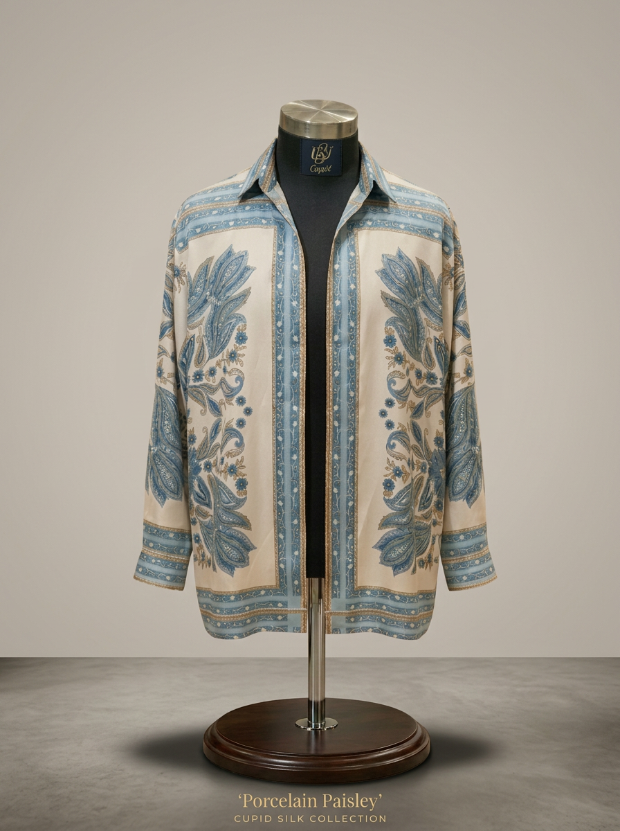 Porcelain Paisley — Cupid silk shirt on mannequin